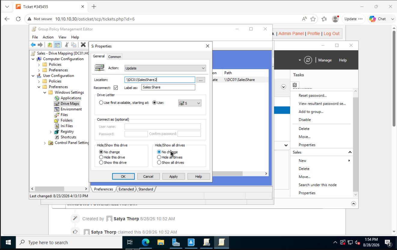 Sales drive mapping GPO with the location field edited to SalesShare2 on DC01, a share that does not exist