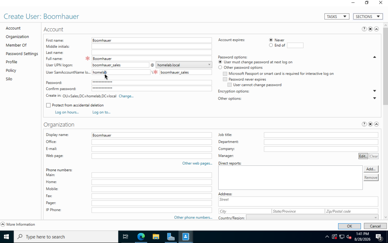 Create User dialog for Boomhauer, created in the Sales OU with the logon name boomhauer_sales and a forced password change at next logon