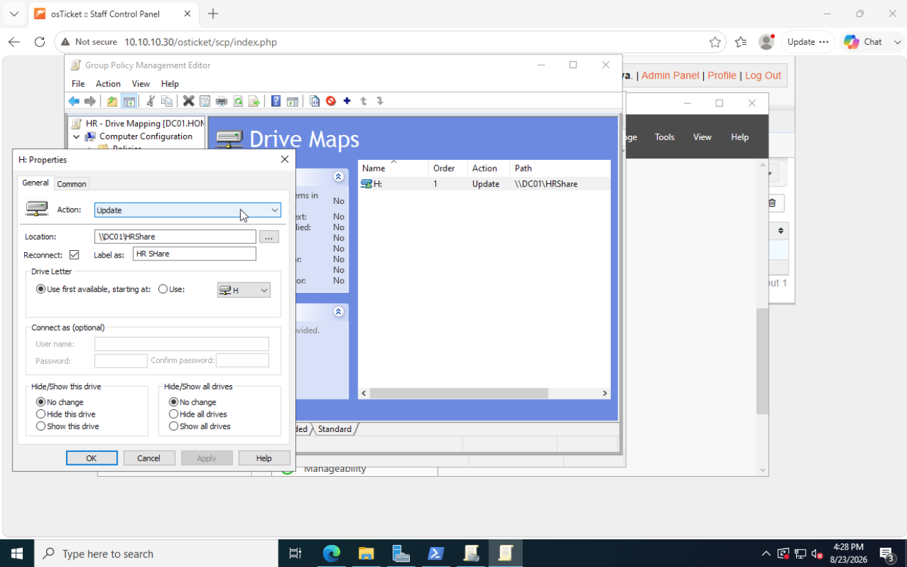 HR drive mapping GPO with the H drive properties open, Action set to Update and location set to the HRShare on DC01