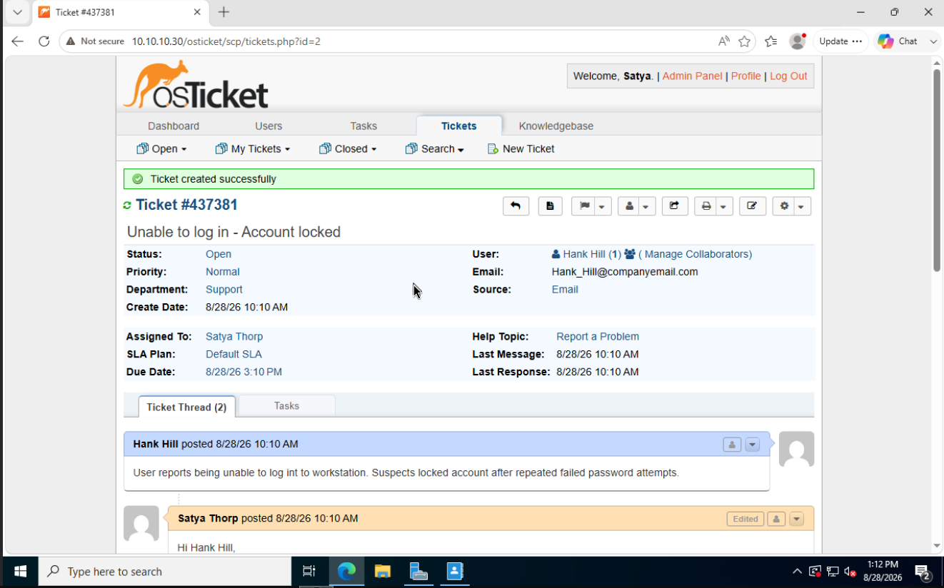 osTicket ticket 437381 from Hank Hill, subject Unable to log in - Account locked, assigned to Satya Thorp