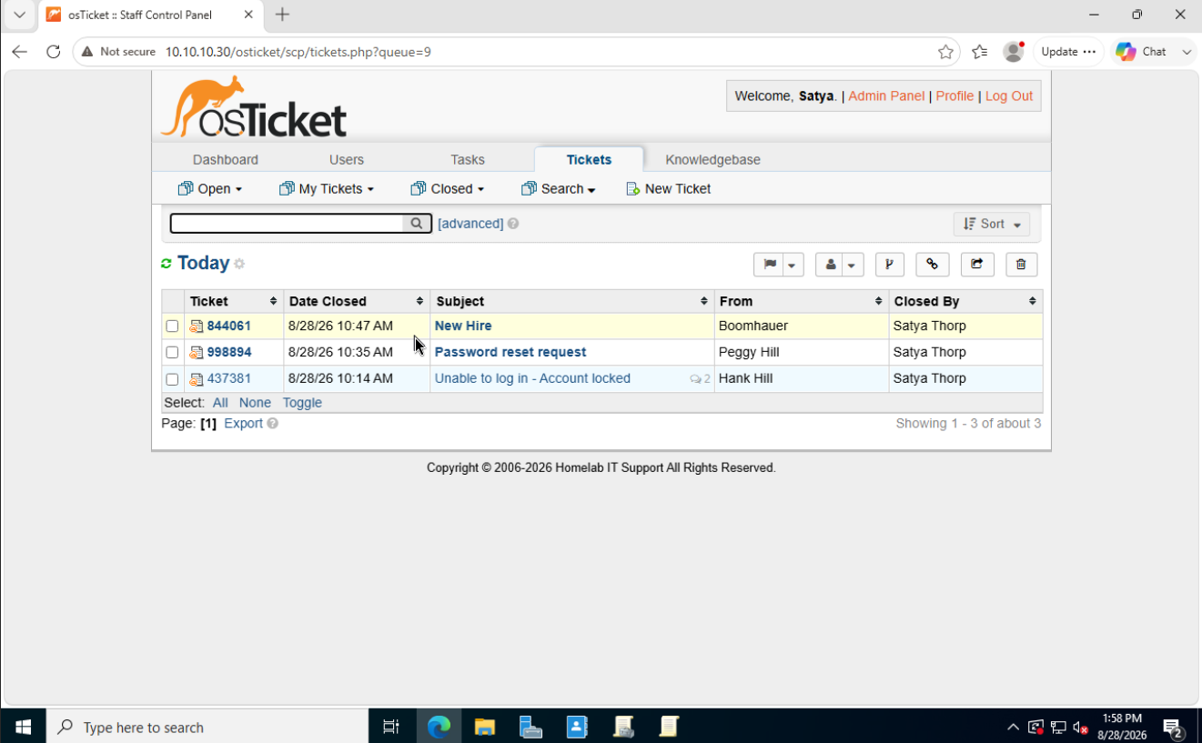 osTicket closed queue listing three resolved tickets: New Hire, Password reset request, and Unable to log in - Account locked