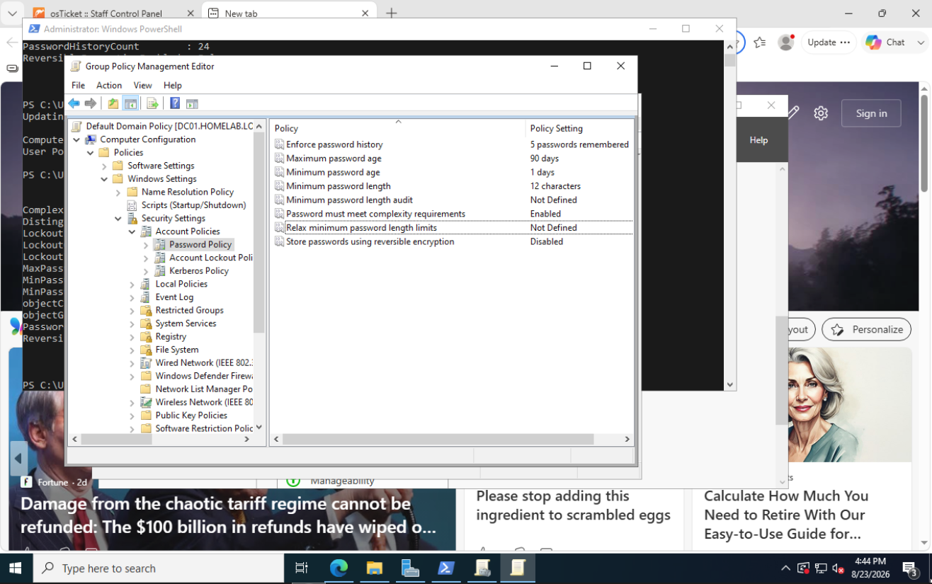 Group Policy Management Editor showing the Default Domain Policy password settings: 12 character minimum, 90 day maximum age, 1 day minimum age, 5 passwords remembered, complexity enabled