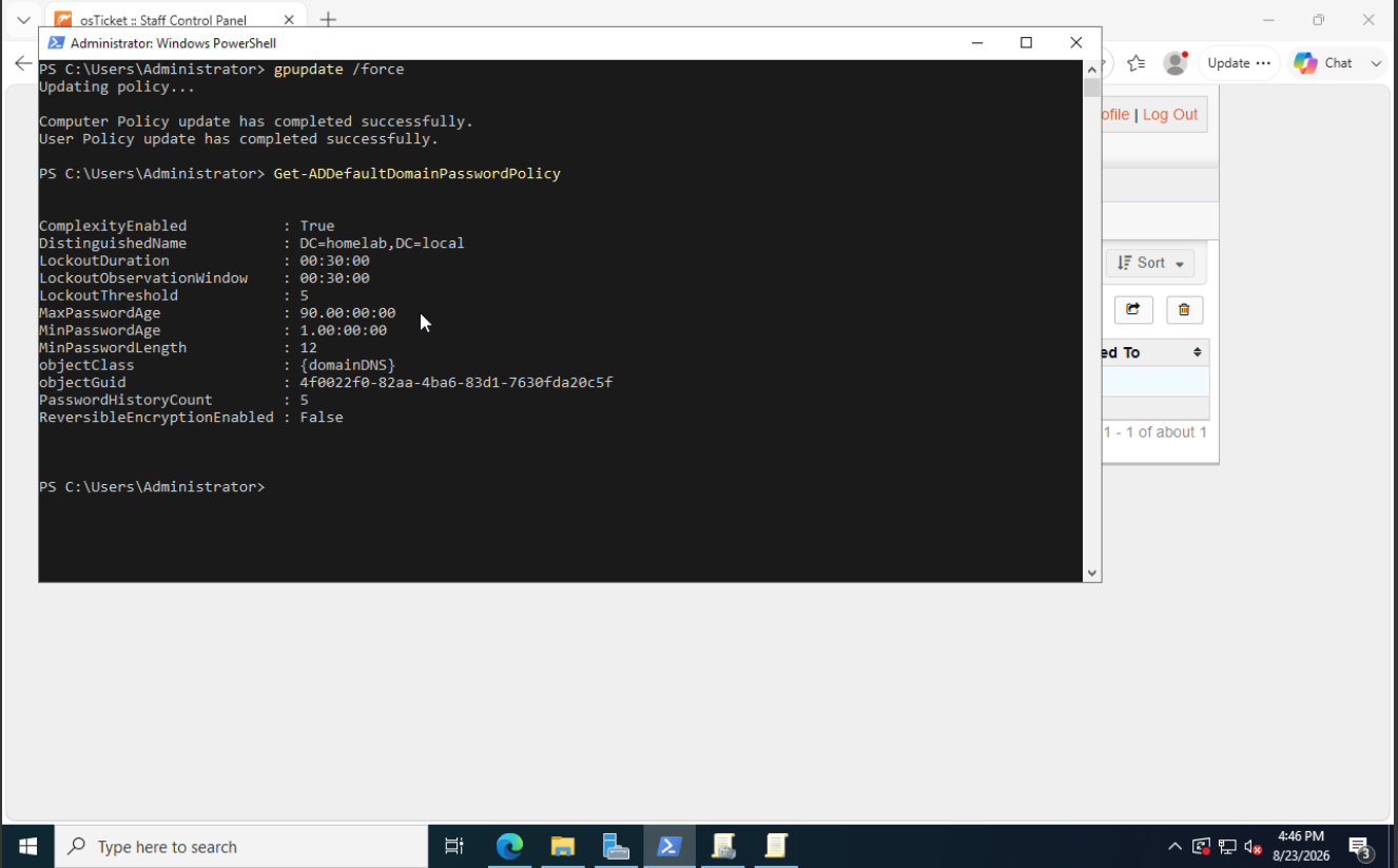 PowerShell output from Get-ADDefaultDomainPasswordPolicy confirming ComplexityEnabled True, LockoutThreshold 5, MaxPasswordAge 90 days and MinPasswordLength 12