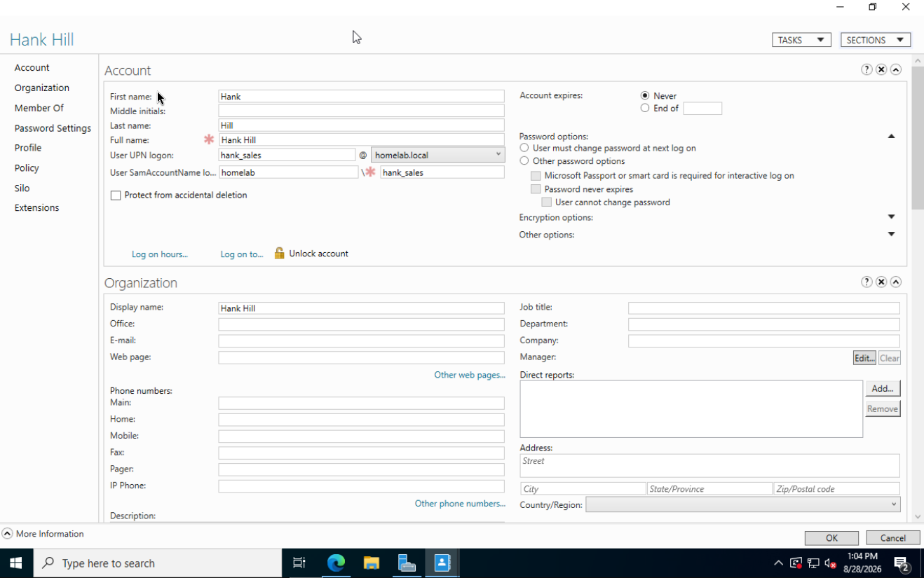 Hank Hill Active Directory account properties with the Unlock account option showing an open padlock