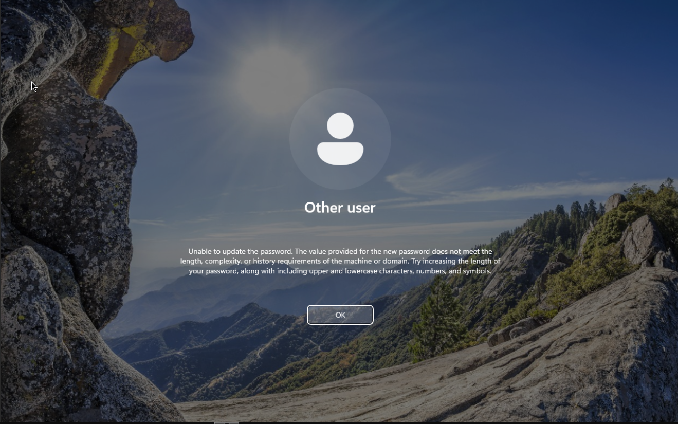 Windows sign-in screen rejecting a new password for not meeting the length, complexity or history requirements of the domain